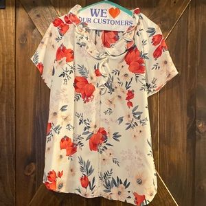 Ann Taylor Size Medium Pink Floral Blouse Ruffle Collar